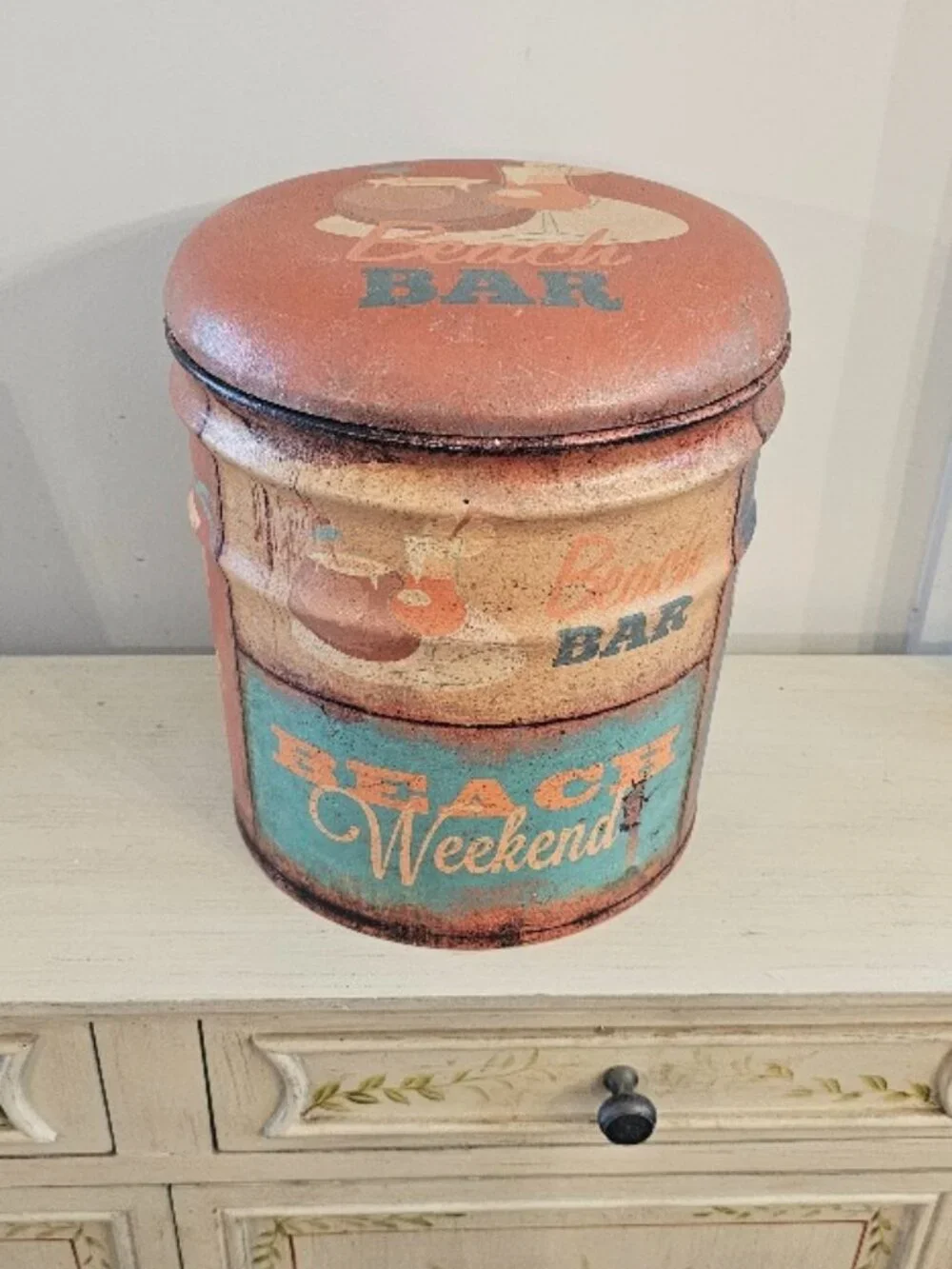Vintage Retro Small Round Metal Storage Tub Ottoman Stool Beach Bar Padded Top